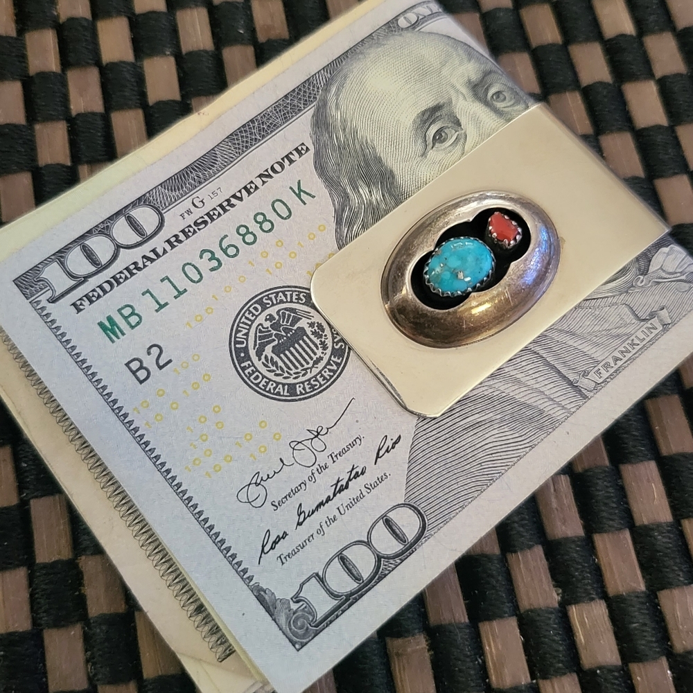 Silver money clip with Turquoise and coral